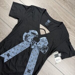 Dc Shoes Women's Skull Now Print Slashed Back Tee Black Medium New